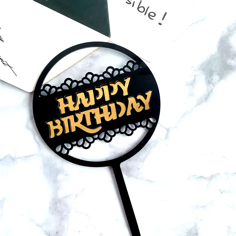9cm Round Lace Double Layers Black Gold Silver Acrylic Happy Birthday Cake Topper Kids Cupcake Cake Decoration Party Supplies