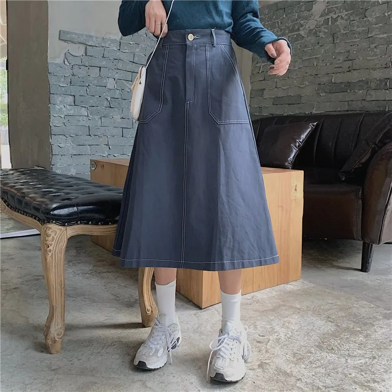 Navy blue Han edition ins 6646 Новые супер огонь открытый провод юбки трапециевидной формы - Цвет: Navy blue