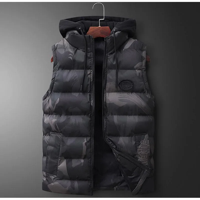 black Camouflage Модная куртка без рукавов Мужская Утепленная камуфляжная хлопковая жилетка шляпа с капюшоном Теплый жилет зимний жилет Мужская Повседневная ветровка - Цвет: black Camouflage