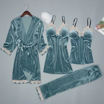 

Velour Sexy 4PCS Sleep Set LACE Home Clothing Women Autumn Nightwear Strap Top&Pants Negligee Lounge Sleepwear Pajamas Suit