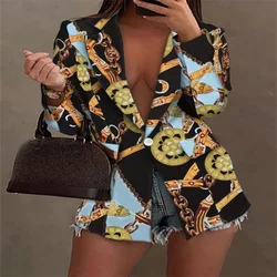 2021 outono terno feminino moda manga longa casaco cardigan padrão retro impressão turn down colarinho fino senhora do escritório terno casacos