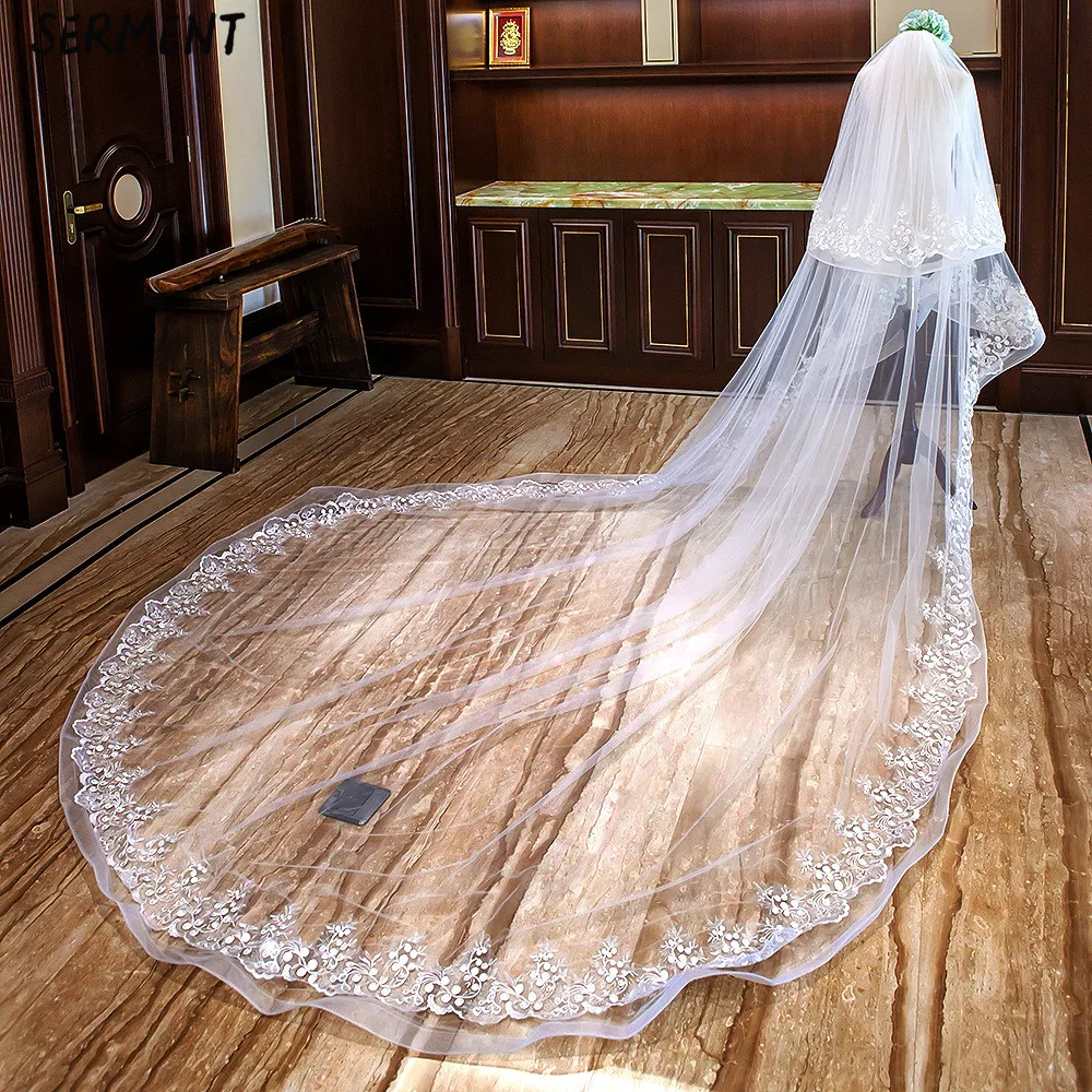 SERMEN Beaded New Veil 3 Meters Wide 4 Meters Long Two Layers Elastic Side Circle Lace Wedding Accessories