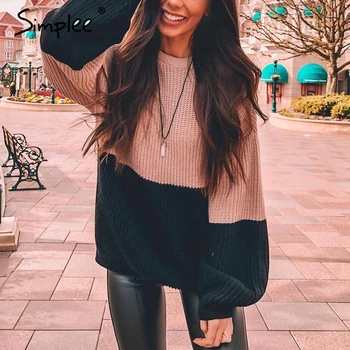 

Simplee Vintage patchwork knitted women pullover Casual solid long sleeve sweater female Autumn winter loose jumper 2019