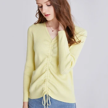 

Women V Neck Drawtring Front Rib Knitwear Good Quality Ribbed Jumper