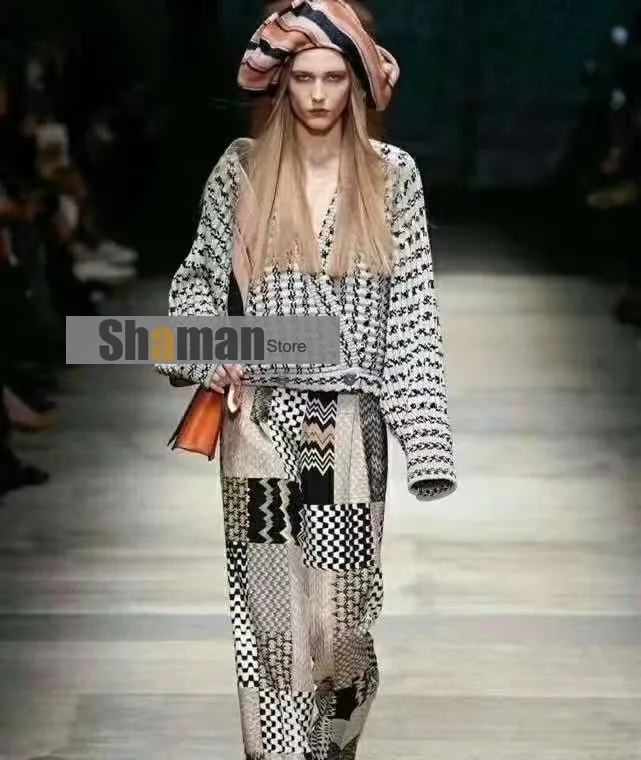 

luxury designer runway high end wool vintage ethnic style deep V neck knitted oversized Striped cardigan woman sweater cardigans