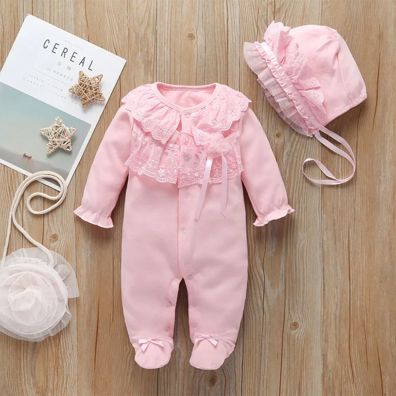 Комплект комбинезона для маленьких девочек из 2 предметов с шапкой, Одежда для новорожденных девочек, хлопковые пижамы, комплект детской одежды с длинными рукавами