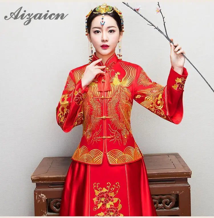 Новый китайский Cheongsam красный Qipao невесты свадебное платье для женщин феникс вышивка традиционный вечернее Женская мода узор