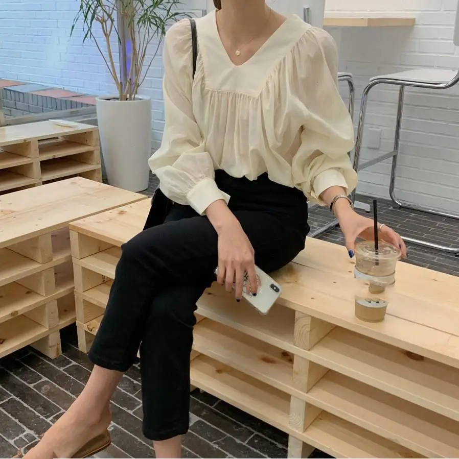 

Korean Blusas Mujer De Moda Vintage Elegant Shirts Solid Women Tops Fall Long Sleeve Sexy V-Neck Loose Casual Blouse
