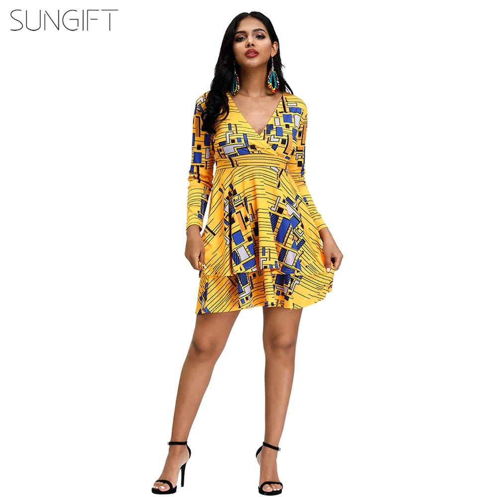SUNGIFT, Африканское стильное платье для женщин, Дашики, перо, геометрический принт, длинный рукав, v-образный вырез,, Осенние сексуальные платья, миди юбка