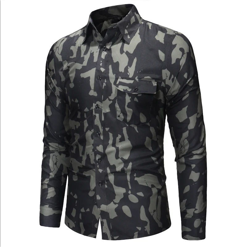

Men's spring and fall's new long-sleeved shirt men's camo print slim fit wild casual top