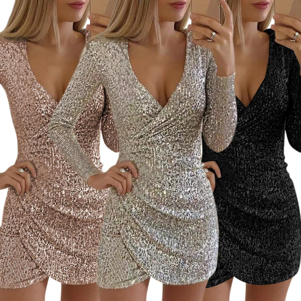 Sequins Women Dress For Wedding Evening Party Long Sleeve Deep V Neck Prom Bodycon Lady Sexy Autumn Irregular Swing | Женская одежда