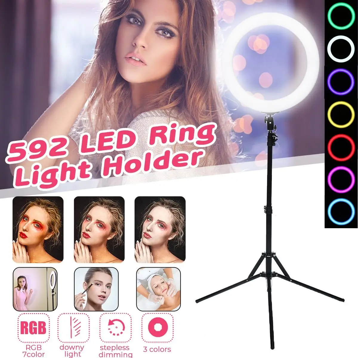 

19" 48W 7Color Camera Photo Video Fill Light 592PCS LED 3200K~6500K Dimmable Photography Ring Video Light for Camera Fill Light