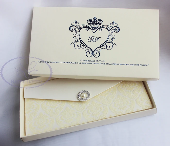 HI6009-32 Customized Flocked Wedding Card in Cream with Silver Foil Writing with Paper Box More Colors Available
