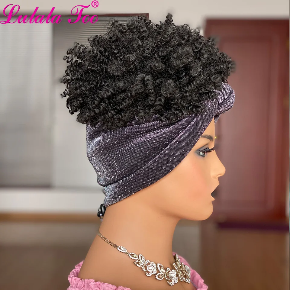 Peruca de Cabelo Kinky para Preto Completas com Anexado 2 em 1 Curto Encaracolado Feminino Cabelo Afro Sintético Bun Perucas Headwrap Cor Preta 4 High Quality Apliques e perucas