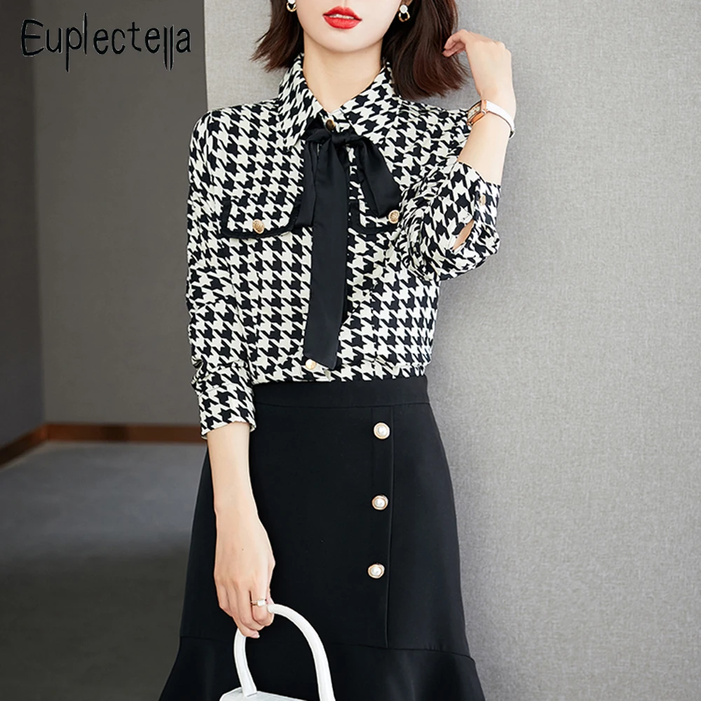 

Elegant Women Vintage Shirts Houndstooth Fashion Turn-down Collar Long Sleeve Ladies Blouses Korean Style Office Wear Basic Tops