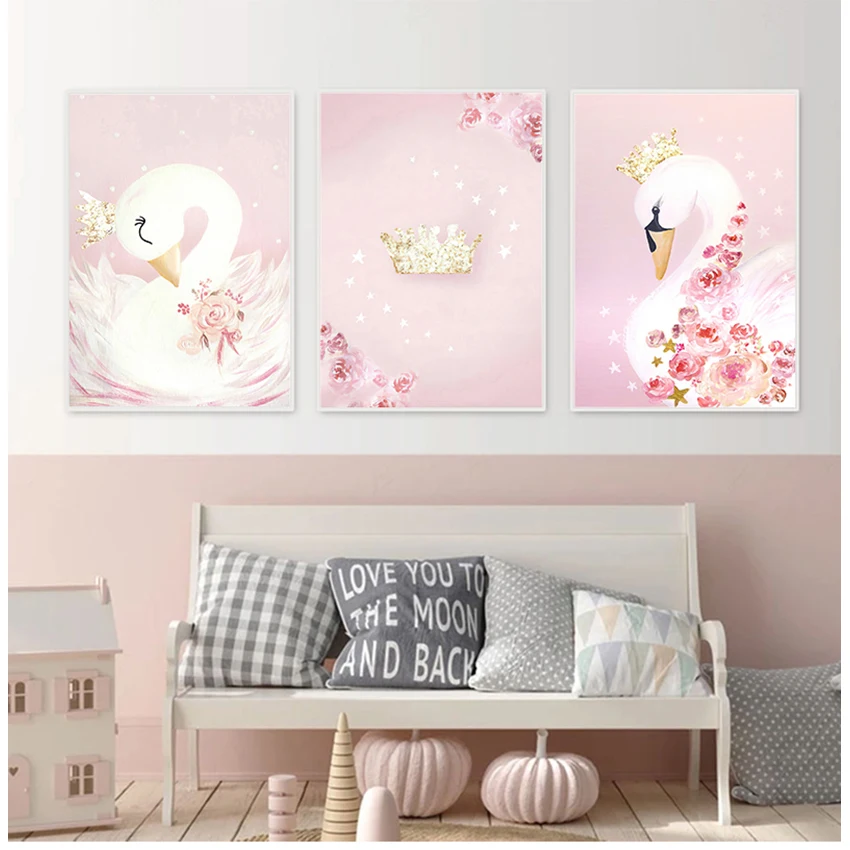 Decorative Pink Picture Kids Girl Room Decoration Swan Princess Posters Canvas Painting Baby Girls Wall Art Prints Nursery | Дом и сад