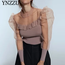 *#Best Price Organza Puff sleeve Women sweater Sexy 2019 Autumn Fashion Ruffles Patchwork Knitted pullover tops Spring Slim Pink YNZZU YT744 *#Best Price Organza Puff sleeve Women sweater Sexy 2019 Autumn Fashion Ruffles Patchwork Knitted pullover tops Spring Slim Pink YNZZU YT744