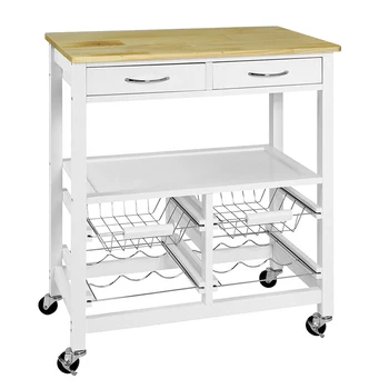 

68cm Solid Rubberwood Kitchen Table Moveable Trolley Shelf Storage Rack with 2 Drawers and 2 Wine Racks HWC