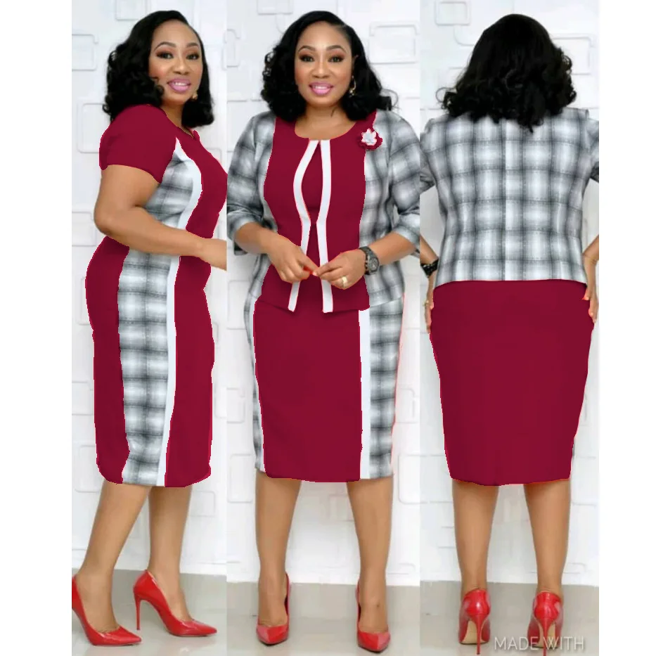 Элегантная африканская одежда офисная Дамская африканская печать плед платья для мам блейзер в африканском стиле костюм комплект из 2 предметов платье размера плюс 5XL - Цвет: winered