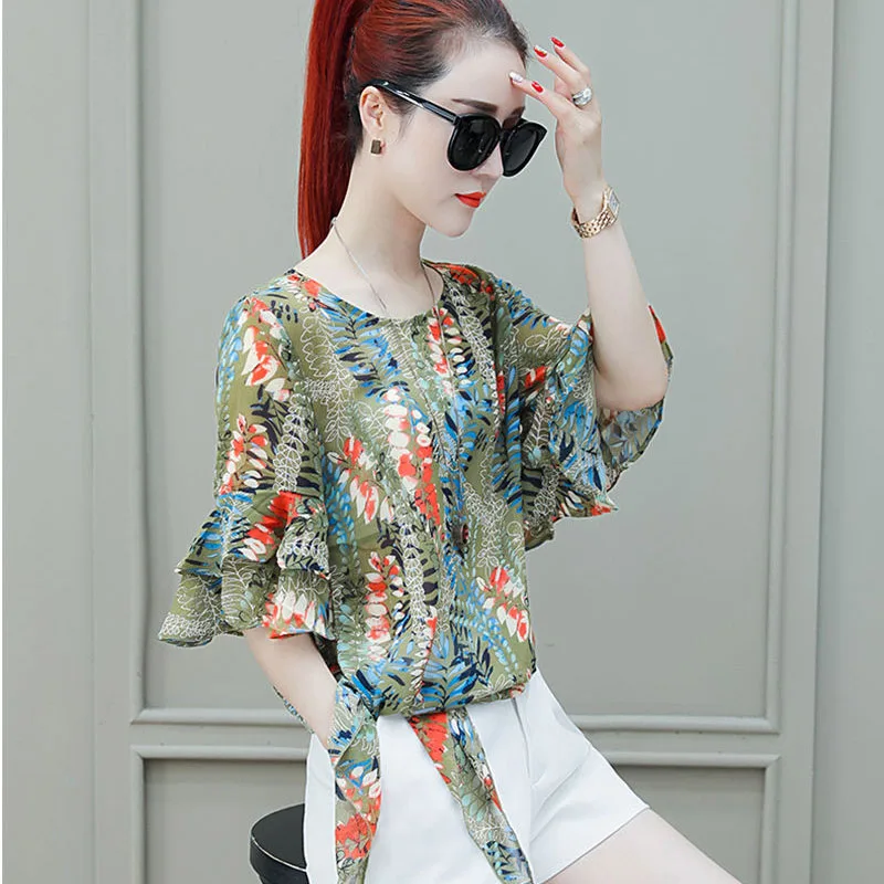 

Women Spring Summer Style Chiffon Blouses Shirts Lady Casual Flower Printed bow Tie Docor Loose Blusas Tops DF2897