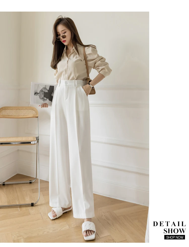 women's fashion Jielur White Wide Leg Pants for Women High Waist Pockets Pants Loose Workwear Office Lady Female Black Trousers S-XL Pantalon white capri leggings