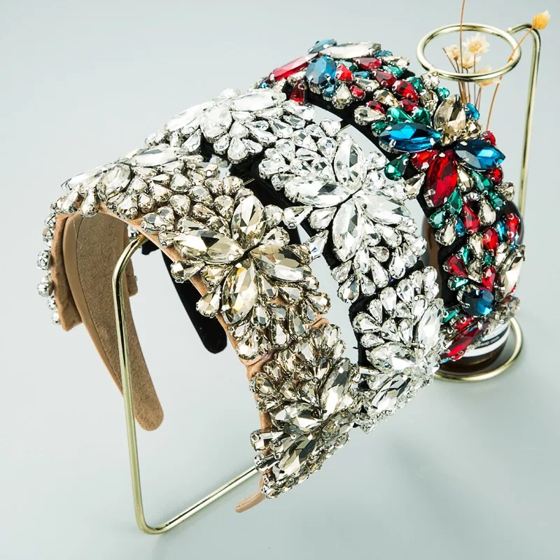 2021 New Rhinestone Bling Crystal Baroque Headbands Colorful Wide Cross Diamond Luxury Hairband for Women Hair Accessories