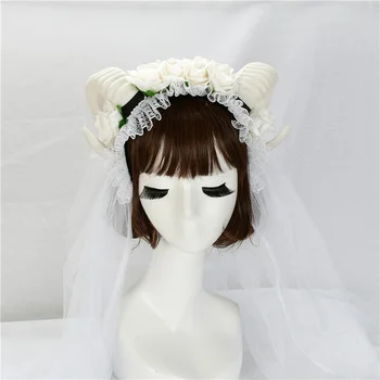 

Pure Mori Girl Lace Gothic Hairband Cosplay Sheep Horn Floral Headband