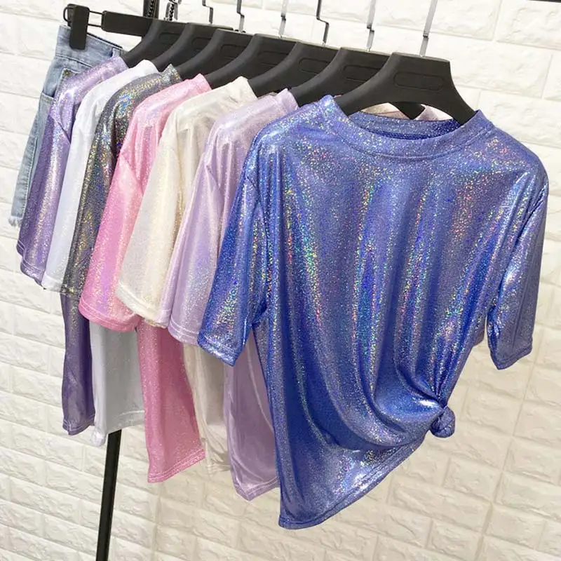 

1PC New Summer Retro Style Stylish Bright Silk Woman Tops Shiny Loose Short Sleeve T-Shirt Sexy For Women Girls 7 Colors
