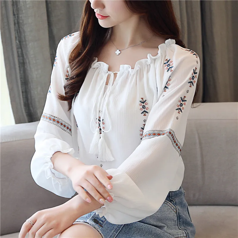 

COIGARSAM Korea Style blouse women New Spring Office Lady Full Sleeve Chiffon Solid blusas womens tops and blouses White 9024
