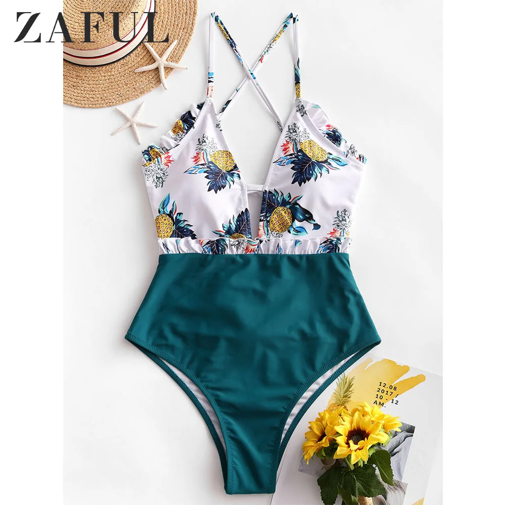 

ZAFUL Lace-Up Frilled Pineapple Print One-Piece Swimsuit Contrast Color Tropical Swimwear Lace Up Padded Removable Padded Bikini