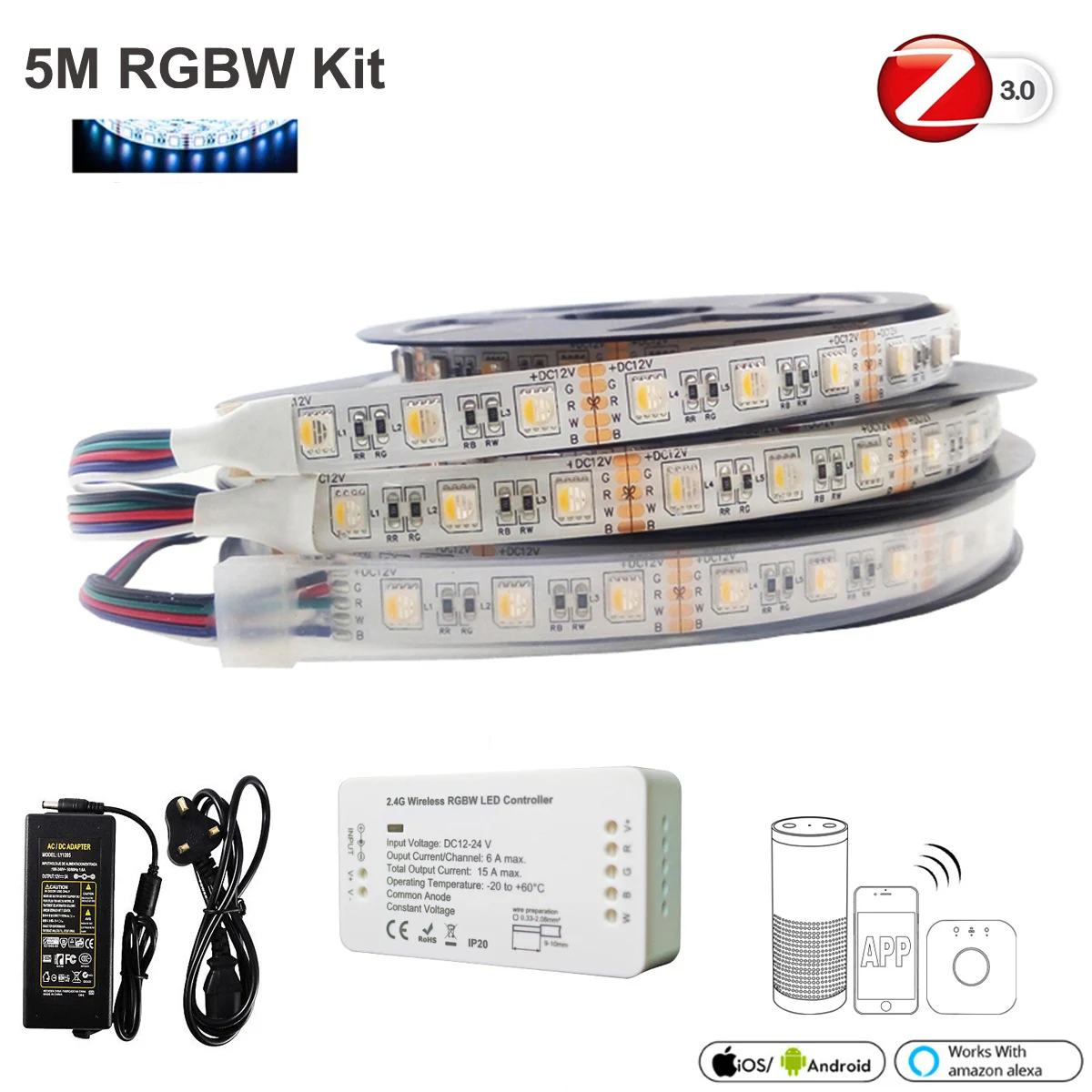 ZigBee ZLL RGBW контроллер+ 5 м/10 м 12 В/24 В RGBW RGBWW 4в1 5050 60 светодиодный s светодиодный блок питания совместимый с Alexa Echo - Испускаемый цвет: 5M RGBW Kit