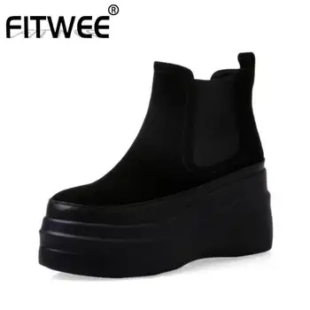 

FITWEE Women Ankle Boots Real Leather Thick Bottom Shoes Women Fall Winter Fashion Black High Platform Footwear Size 34-39