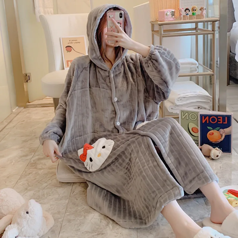 

Coral Velvet Night-robe Women's Autumn & Winter Cute KT Cat Thick Flannel Bathrobe Pajamas-Outer Wear Large Size Home Wear