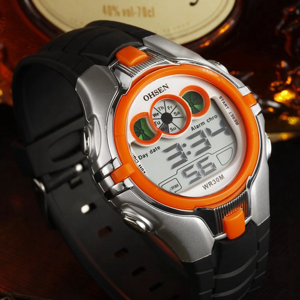 Children Kids Digital Watch Stopwatch OHSEN Clock Orange LED Electronic Sport Watches 50M Waterproof Wristwatch For Boys Girls