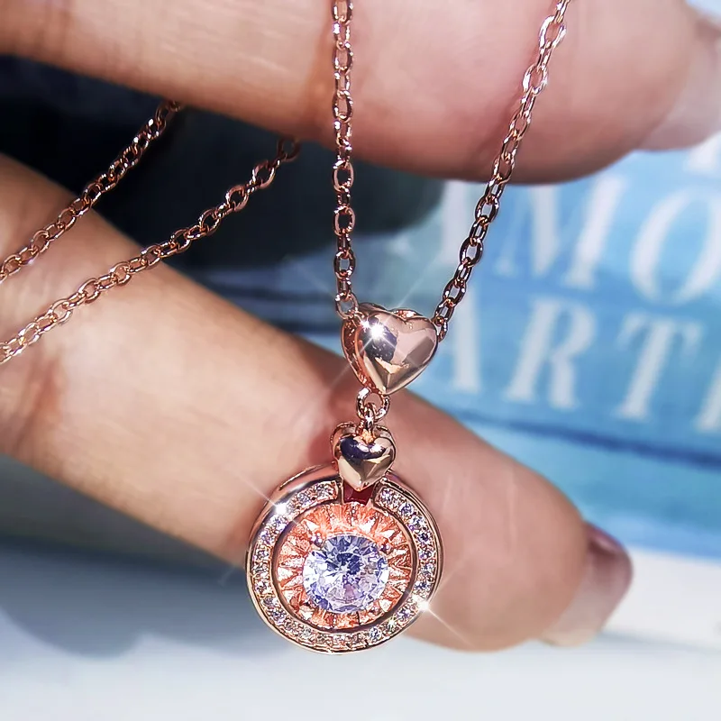 NEW Female Luxury Crystal Round Necklace For Women S925 Silver Fashion Love Heart Wedding Dainty Rose Gold Color Chain Jewelry