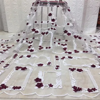 

2020 red/white African Lace Fabric 3D Flower High Quality Lace Nigerian Lace Fabric With beads Tulle French Lace For Women Dress