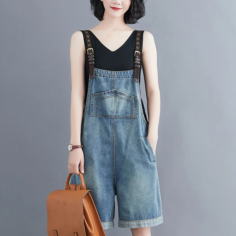 Half Denim Overall Shorts Women 2020 Summer New Korean Style Plus Size Straps Loose Thin Wide Leg Jumpsuit Rompers Fashion