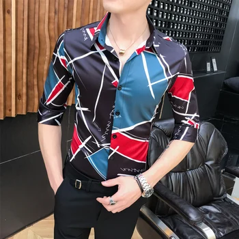 

Summer Men Printed Shirt Fashion 2020 Half Sleeve Men Casual Shirts Slim Fit Streetwear Club Prom Tuxedo Men Blouse Homme 3XL-M