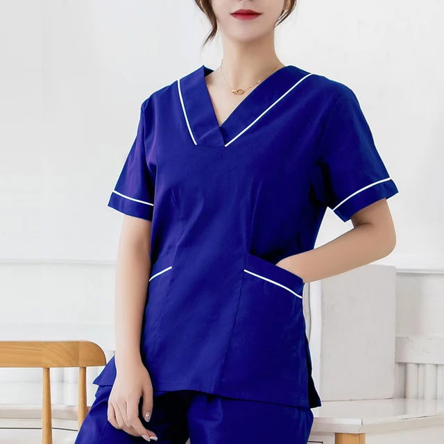 Women Scrub Top Plug Size Medical Uniforms V-Neck Spa Uniforms Short Sleeve Nursing Workwear Doctor Overalls Veterinary Cotton SAPPHIRE BLUE TOP