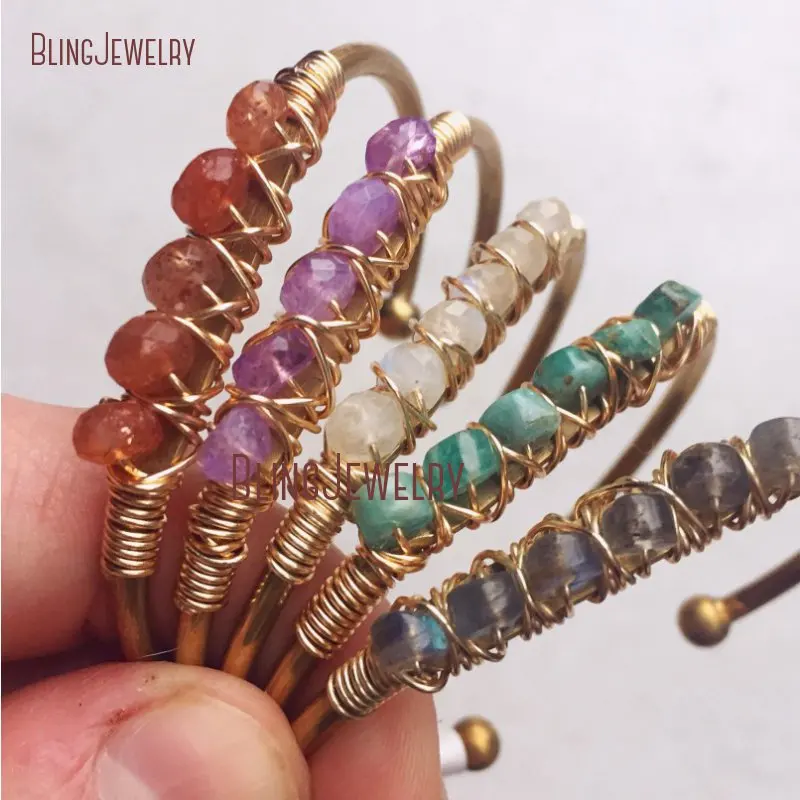

Gold Colorful Stone Crystal Jewelry Moonstone Sunstone Bracelets Bangle BM27715