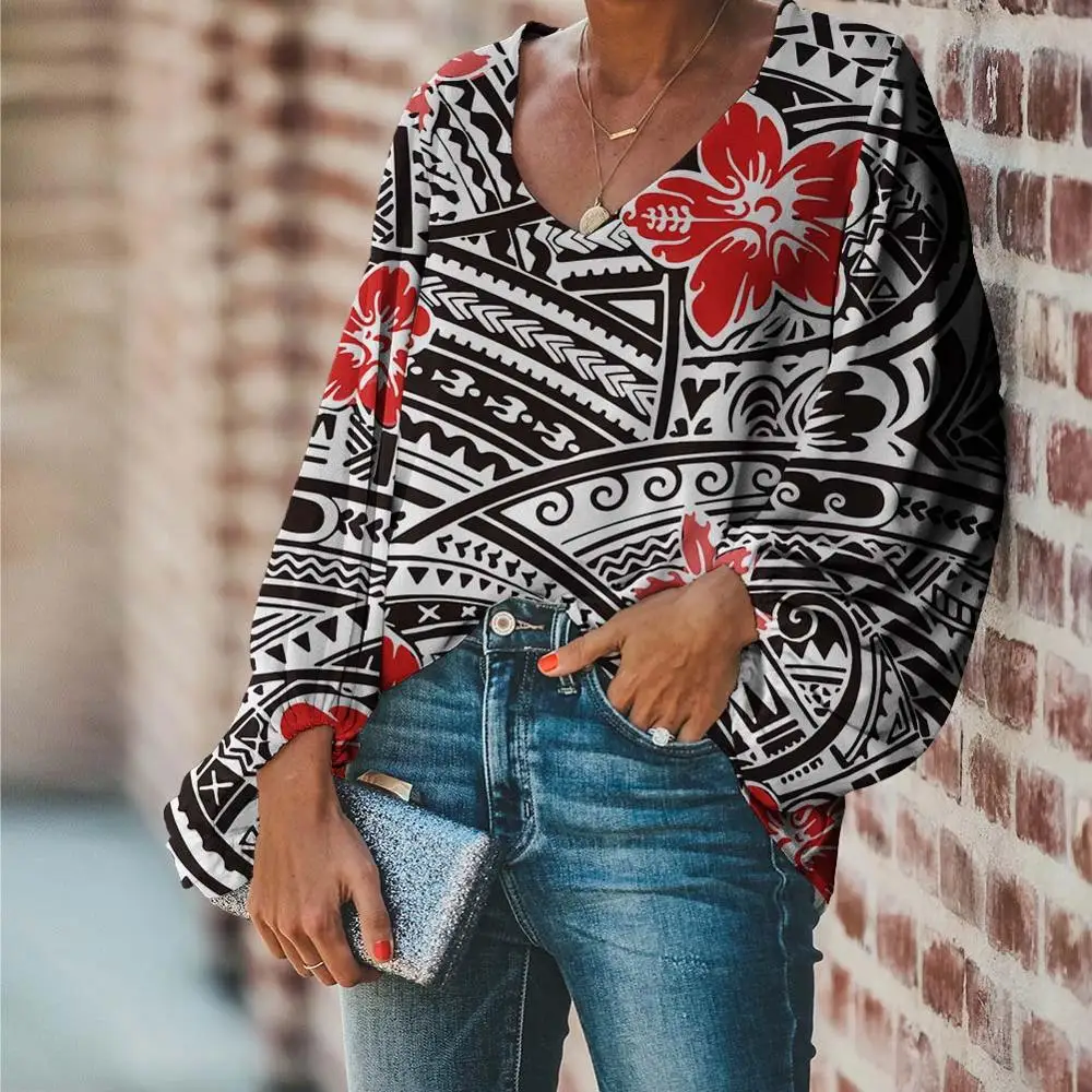 

Doginthehole Black and Red Women Chiffon Blouse Hawaii Hibiscus Polynesian Tribal Casual Loose Tops Female Autumn Long Sleeves