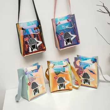 

Girl Transparent Bag Spring New Candy Color Combination Shoulder Messenger Bag Cartoon Soft Girl Printed Laser Coin Purse