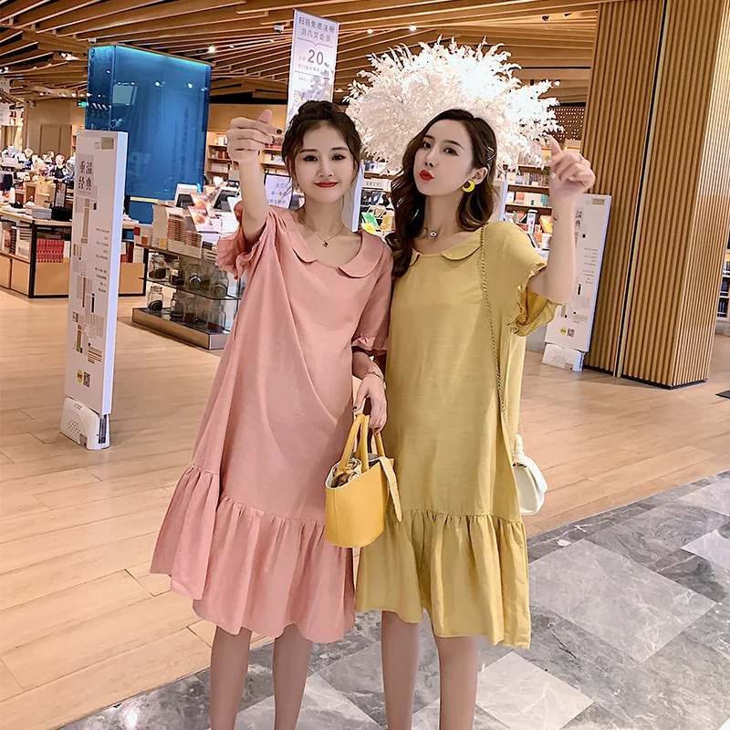 

Solid Color Cotton Linen Pregnant Women Dress Summer Maternity Clothes Korean-style Breathable Sweat Absorbing Maternity Dress L