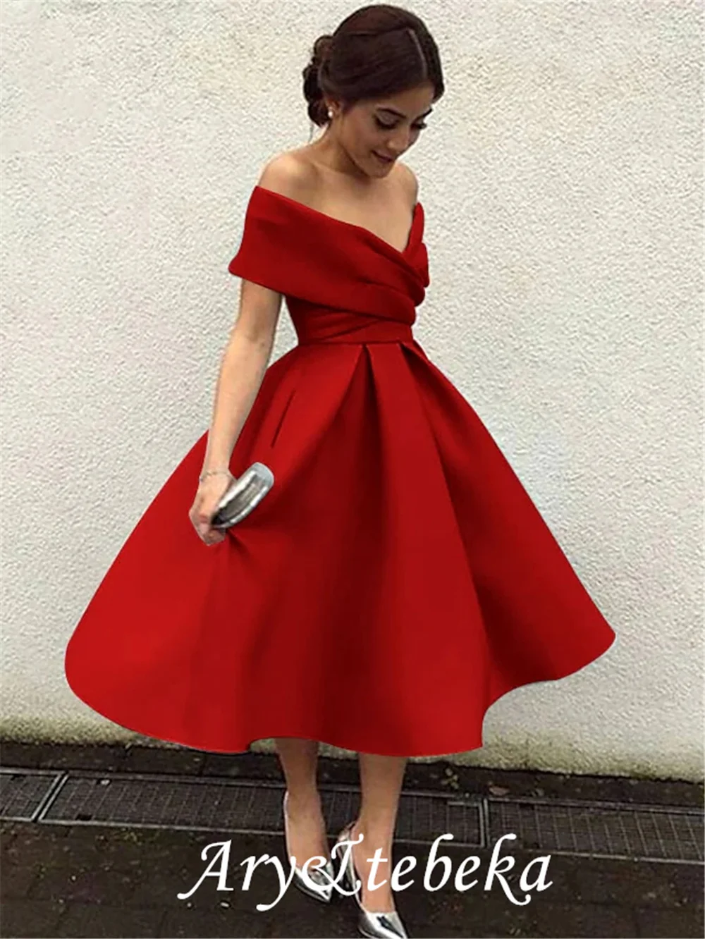 A-Line Elegant Vintage Cocktail Party Formal Evening Dress V Neck Short Sleeve Tea Length Satin with Pleats 2021