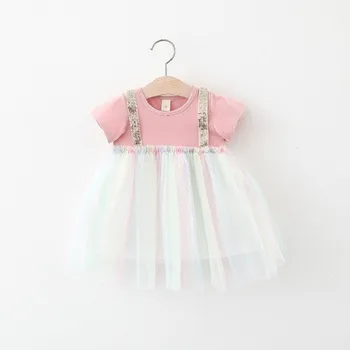 

Summer Baby Girls Short Sleeve Patchwork Rainbow Mesh Cute Princess Party Kids Tutu Dress Infant Clothes vestidos
