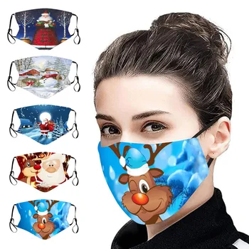 

5pcs Christmas Face Mask Washable Reusable Adjustable Snowman Elk Santa Printed Mouth Mask Dustproof Protective Masks Mascarilla