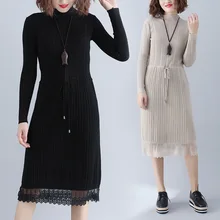 Платье большого размера, кружевная основа, шерстяное трикотажное платье средней длины