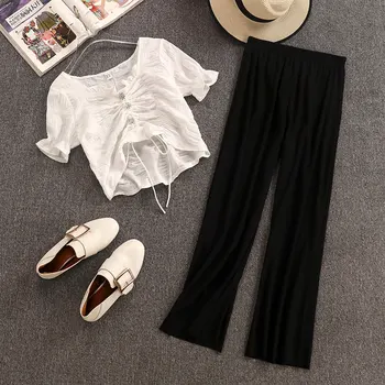 

Summer suit white square collar top + wide leg pants Two-piece set