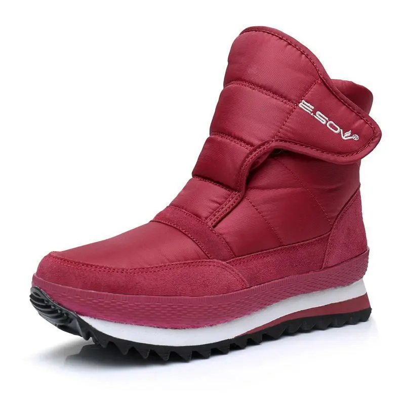 Shoes women boots fashion solid non-slip waterproof winter boots women shoes warm plush snow boots hook&loop ankle boots - Цвет: Wine Red