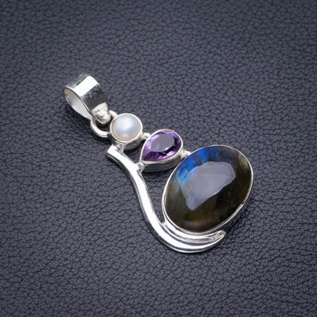 

StarGems Natural Blue Fire Labradorite,River Pearl And Amethyst Handmade 925 Sterling Silver Pendant 1.5" D5319